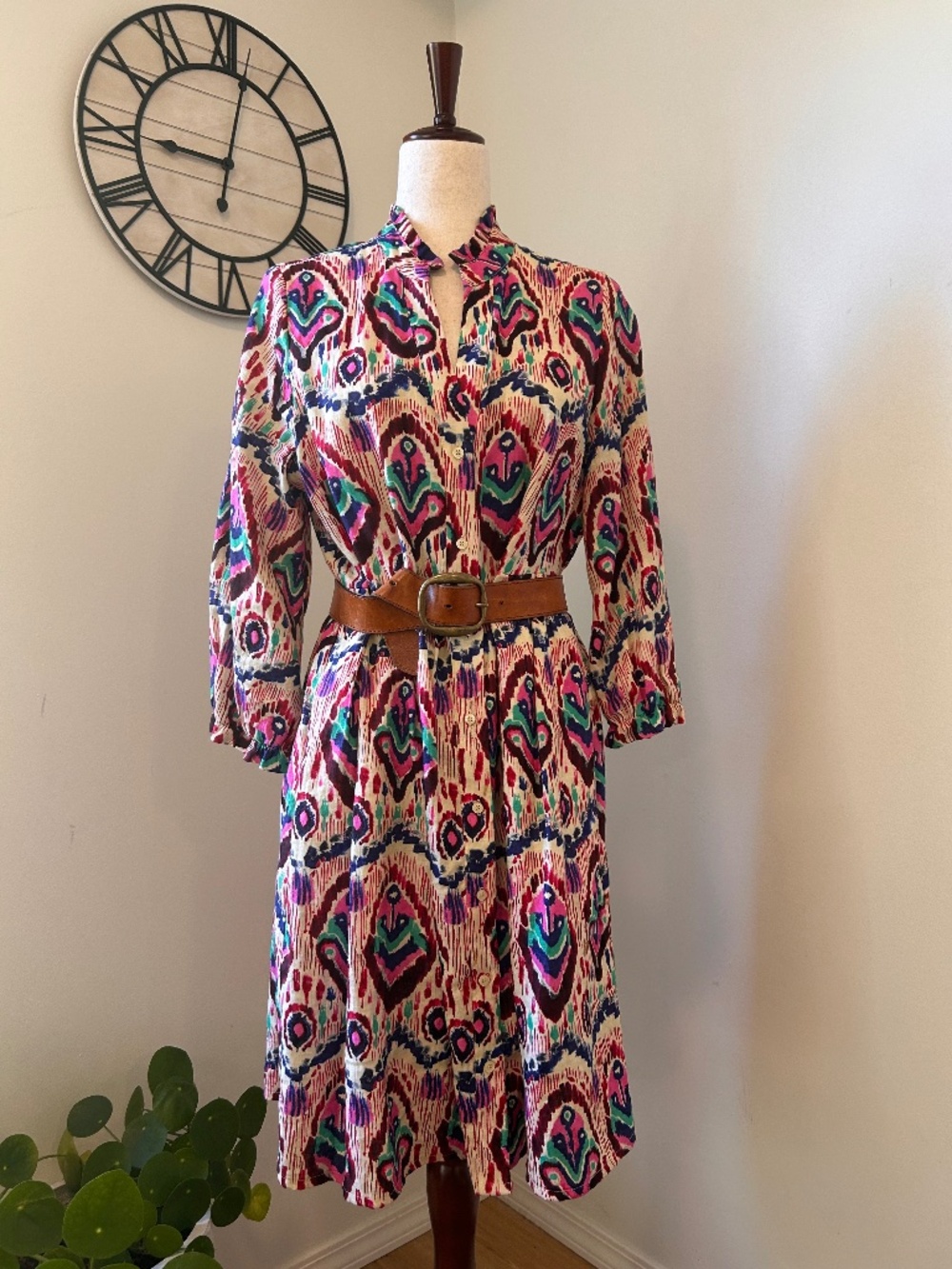 Oui 100% Linen Shirt Dress Duster Jacket Ikat Print Pockets